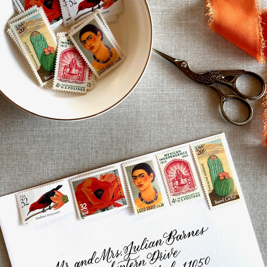 Unused vintage stamp set for mailing Mexican-inspired wedding invitations (e.g. for a destination wedding in Mexico, Southwest wedding), save-the-dates, or other special correspondence. Each curated set is comprised of five unused stamps with a total USPS postage value of $1.22 per set — enough postage to mail a standard letter weighing up to 2 ounces or a non-machinable envelope (i.e. an invitation with a wax seal or an envelope that is square or oversized) weighing up to 1 ounce. These U.S. stamps are per