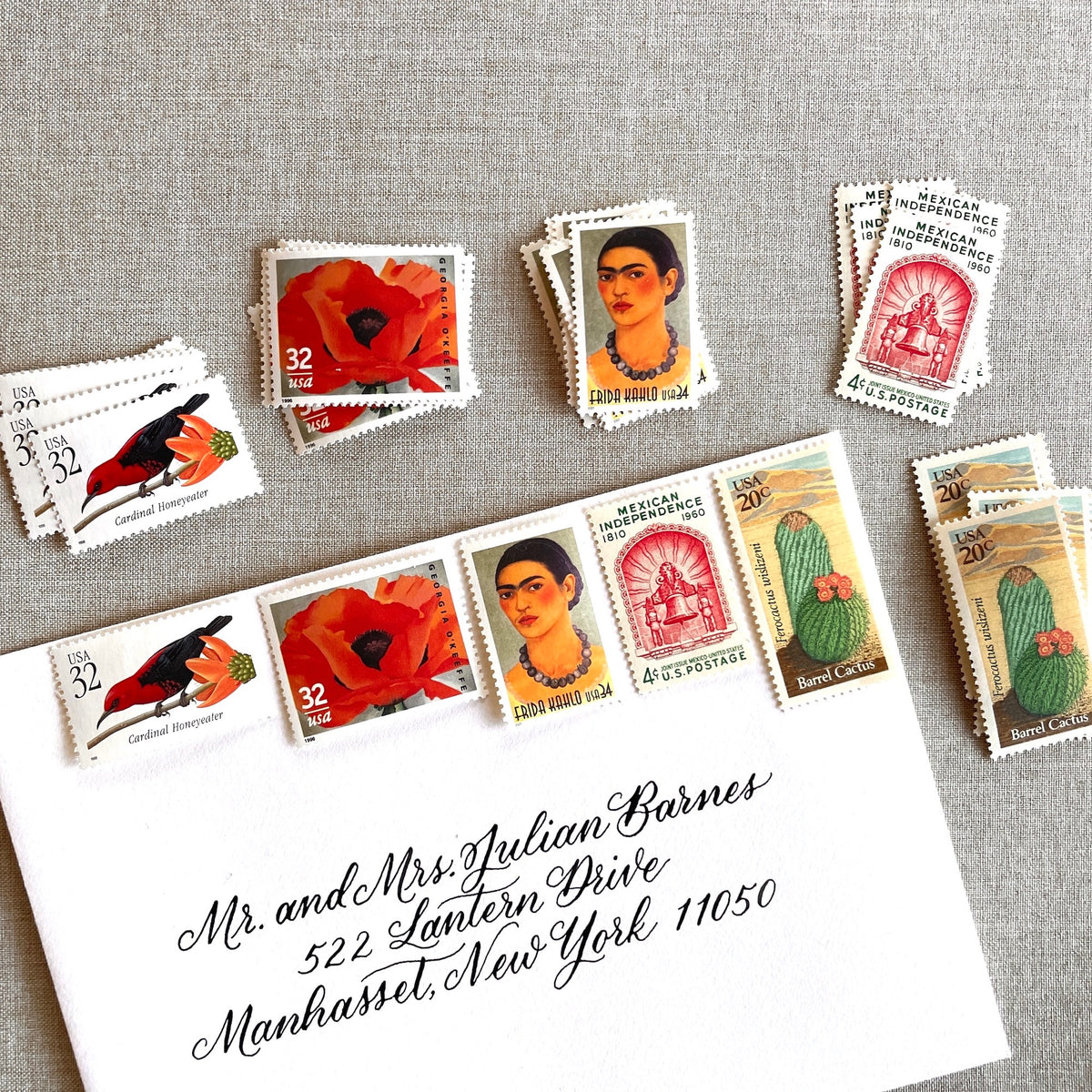 Unused vintage stamp set for mailing Mexican-inspired wedding invitations (e.g. for a destination wedding in Mexico, Southwest wedding), save-the-dates, or other special correspondence. Each curated set is comprised of five unused stamps with a total USPS postage value of $1.22 per set — enough postage to mail a standard letter weighing up to 2 ounces or a non-machinable envelope (i.e. an invitation with a wax seal or an envelope that is square or oversized) weighing up to 1 ounce. These U.S. stamps are per