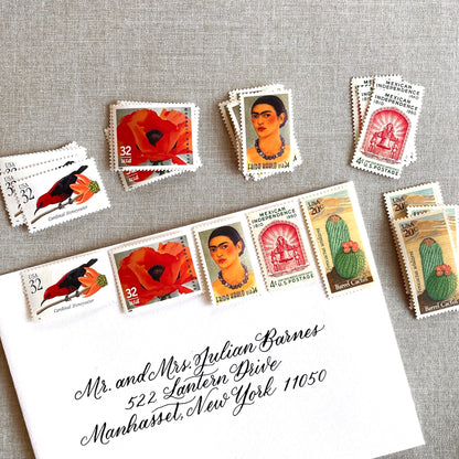 Unused vintage stamp set for mailing Mexican-inspired wedding invitations (e.g. for a destination wedding in Mexico, Southwest wedding), save-the-dates, or other special correspondence. Each curated set is comprised of five unused stamps with a total USPS postage value of $1.22 per set — enough postage to mail a standard letter weighing up to 2 ounces or a non-machinable envelope (i.e. an invitation with a wax seal or an envelope that is square or oversized) weighing up to 1 ounce. These U.S. stamps are per