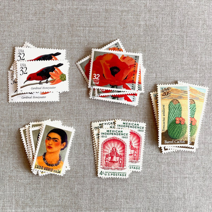 Unused vintage stamp set for mailing Mexican-inspired wedding invitations (e.g. for a destination wedding in Mexico, Southwest wedding), save-the-dates, or other special correspondence. Each curated set is comprised of five unused stamps with a total USPS postage value of $1.22 per set — enough postage to mail a standard letter weighing up to 2 ounces or a non-machinable envelope (i.e. an invitation with a wax seal or an envelope that is square or oversized) weighing up to 1 ounce. These U.S. stamps are per