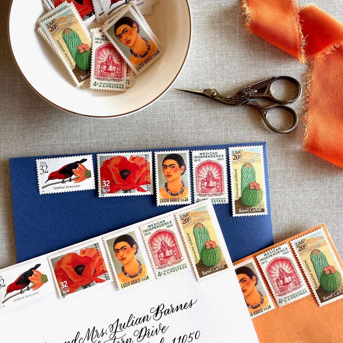 Unused vintage stamp set for mailing Mexican-inspired wedding invitations (e.g. for a destination wedding in Mexico, Southwest wedding), save-the-dates, or other special correspondence. Each curated set is comprised of five unused stamps with a total USPS postage value of $1.22 per set — enough postage to mail a standard letter weighing up to 2 ounces or a non-machinable envelope (i.e. an invitation with a wax seal or an envelope that is square or oversized) weighing up to 1 ounce. These U.S. stamps are per