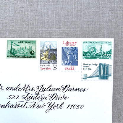 Unused vintage stamp set perfect for mailing New York or NYC-themed wedding invitations, save-the-dates, engagement announcements, bridal shower invites, thank you notes, or other special correspondence. Each curated set is comprised of five unused stamps with a total USPS postage value of 87 cents, enough postage to mail a standard letter weighing up to 1 ounce. These unused U.S. stamps are perfectly valid for use as postage.