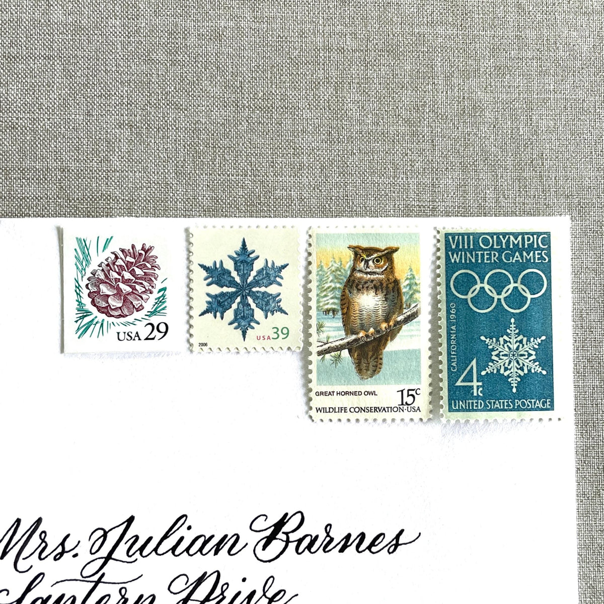 Unused “Owl + Snowflake Christmas” vintage postage stamp set perfect for adding a special touch to your holiday cards or letters! Each curated set is comprised of four (4) unused stamps with a total USPS postage value of $0.87 (USD) per set — enough postage to mail a standard letter weighing up to 1-ounce.