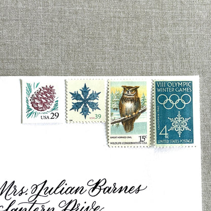 Unused “Owl + Snowflake Christmas” vintage postage stamp set perfect for adding a special touch to your holiday cards or letters! Each curated set is comprised of four (4) unused stamps with a total USPS postage value of $0.87 (USD) per set — enough postage to mail a standard letter weighing up to 1-ounce.