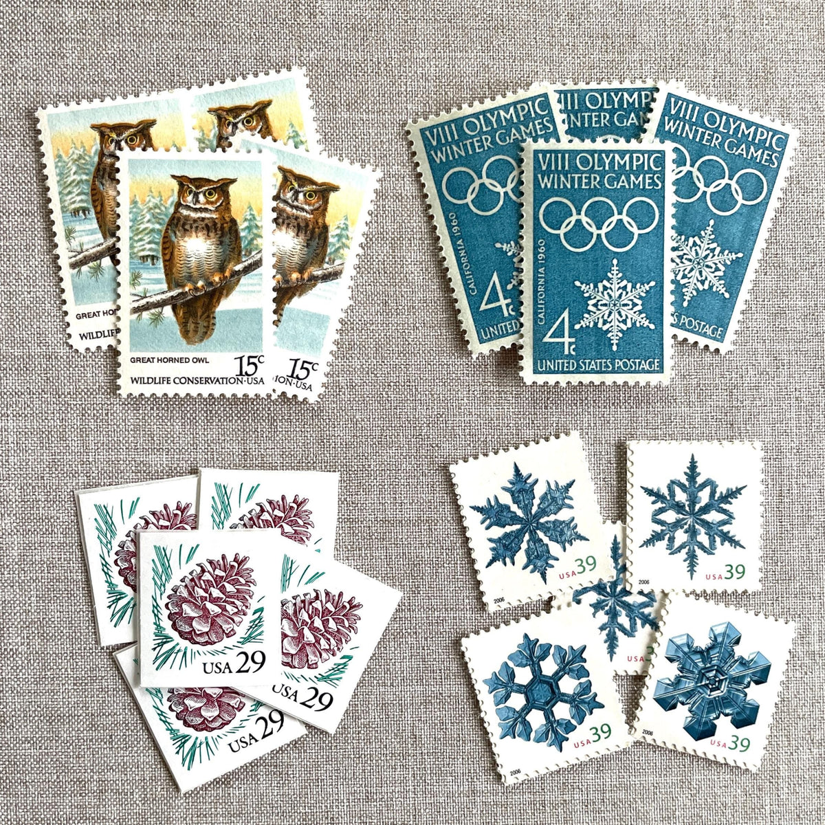 Unused “Owl + Snowflake Christmas” vintage postage stamp set perfect for adding a special touch to your holiday cards or letters! Each curated set is comprised of four (4) unused stamps with a total USPS postage value of $0.87 (USD) per set — enough postage to mail a standard letter weighing up to 1-ounce.