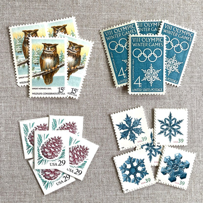 Unused “Owl + Snowflake Christmas” vintage postage stamp set perfect for adding a special touch to your holiday cards or letters! Each curated set is comprised of four (4) unused stamps with a total USPS postage value of $0.87 (USD) per set — enough postage to mail a standard letter weighing up to 1-ounce.
