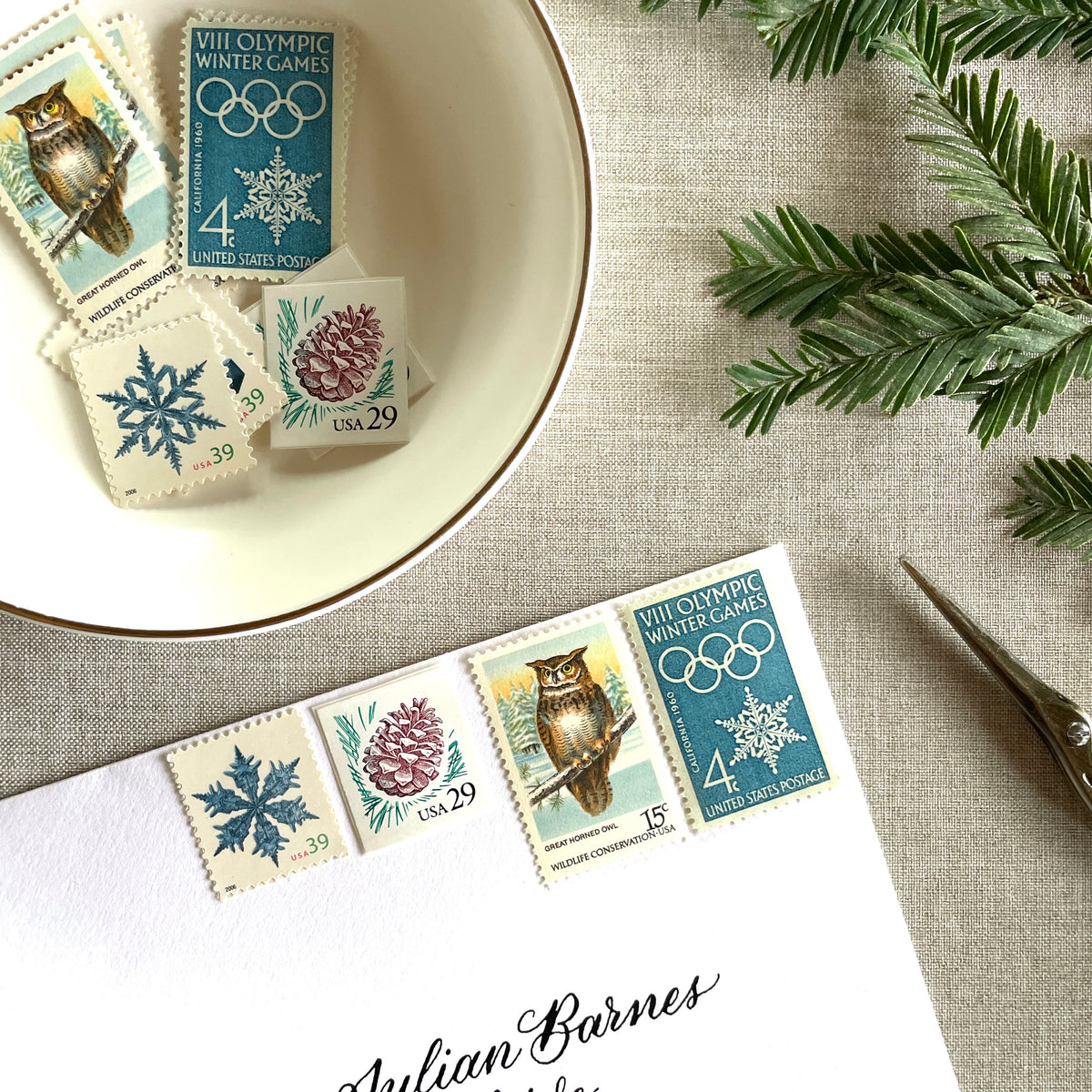 Unused “Owl + Snowflake Christmas” vintage postage stamp set perfect for adding a special touch to your holiday cards or letters! Each curated set is comprised of four (4) unused stamps with a total USPS postage value of $0.87 (USD) per set — enough postage to mail a standard letter weighing up to 1-ounce.