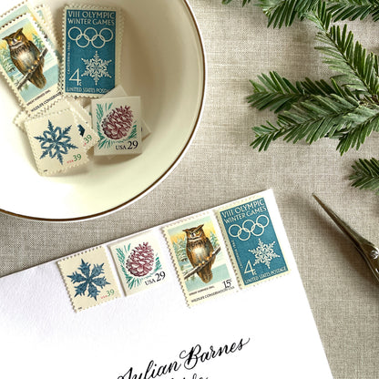 Unused “Owl + Snowflake Christmas” vintage postage stamp set perfect for adding a special touch to your holiday cards or letters! Each curated set is comprised of four (4) unused stamps with a total USPS postage value of $0.87 (USD) per set — enough postage to mail a standard letter weighing up to 1-ounce.