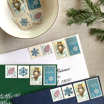 Unused “Owl + Snowflake Christmas” vintage postage stamp set perfect for adding a special touch to your holiday cards or letters! Each curated set is comprised of four (4) unused stamps with a total USPS postage value of $0.87 (USD) per set — enough postage to mail a standard letter weighing up to 1-ounce.
