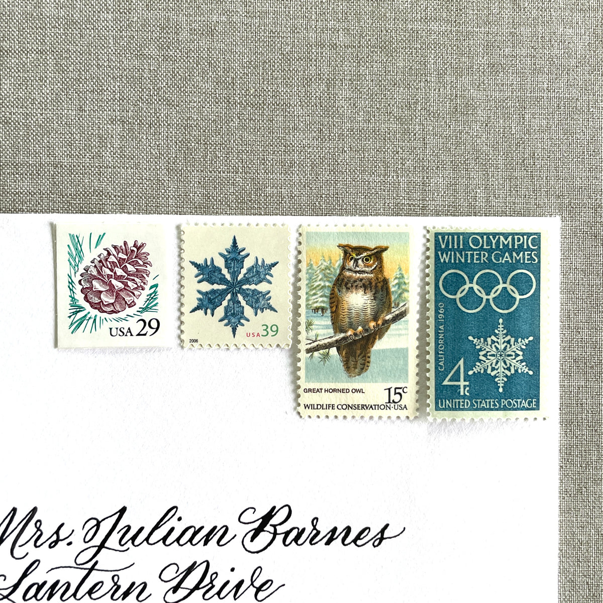 Unused “Owl + Snowflake Christmas” vintage postage stamp set perfect for adding a special touch to your holiday cards or letters! Each curated set is comprised of four (4) unused stamps with a total USPS postage value of $0.87 (USD) per set — enough postage to mail a standard letter weighing up to 1-ounce.
