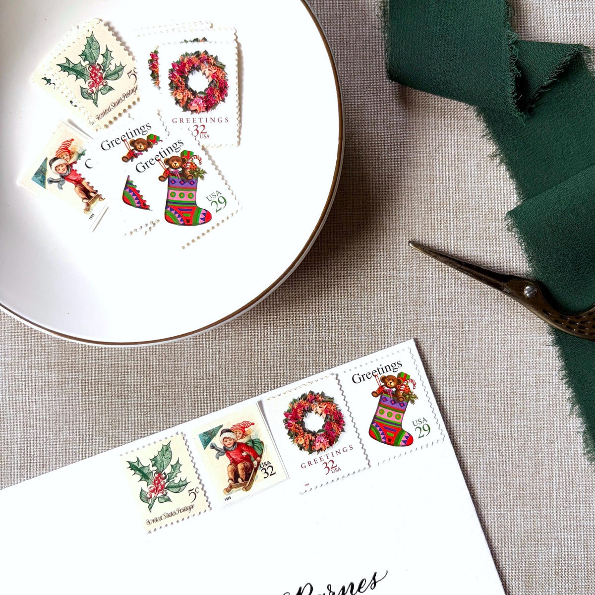 Unused Pink Christmas vintage stamp set perfect for adding a special touch to your holiday cards or letters! Each curated set is comprised of four (4) unused stamps with a total USPS postage value of $0.98 (USD) per set — enough postage to mail a standard letter weighing up to 1-ounce.