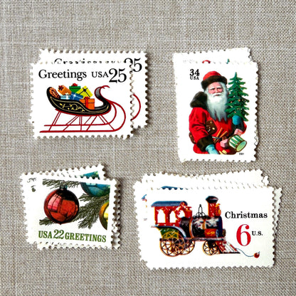 Unused “Red Train Christmas” vintage postage stamp set perfect for adding a special touch to your holiday cards or letters! Each curated set is comprised of four (4) unused stamps with a total USPS postage value of $0.87 (USD) per set — enough postage to mail a standard letter weighing up to 1-ounce.