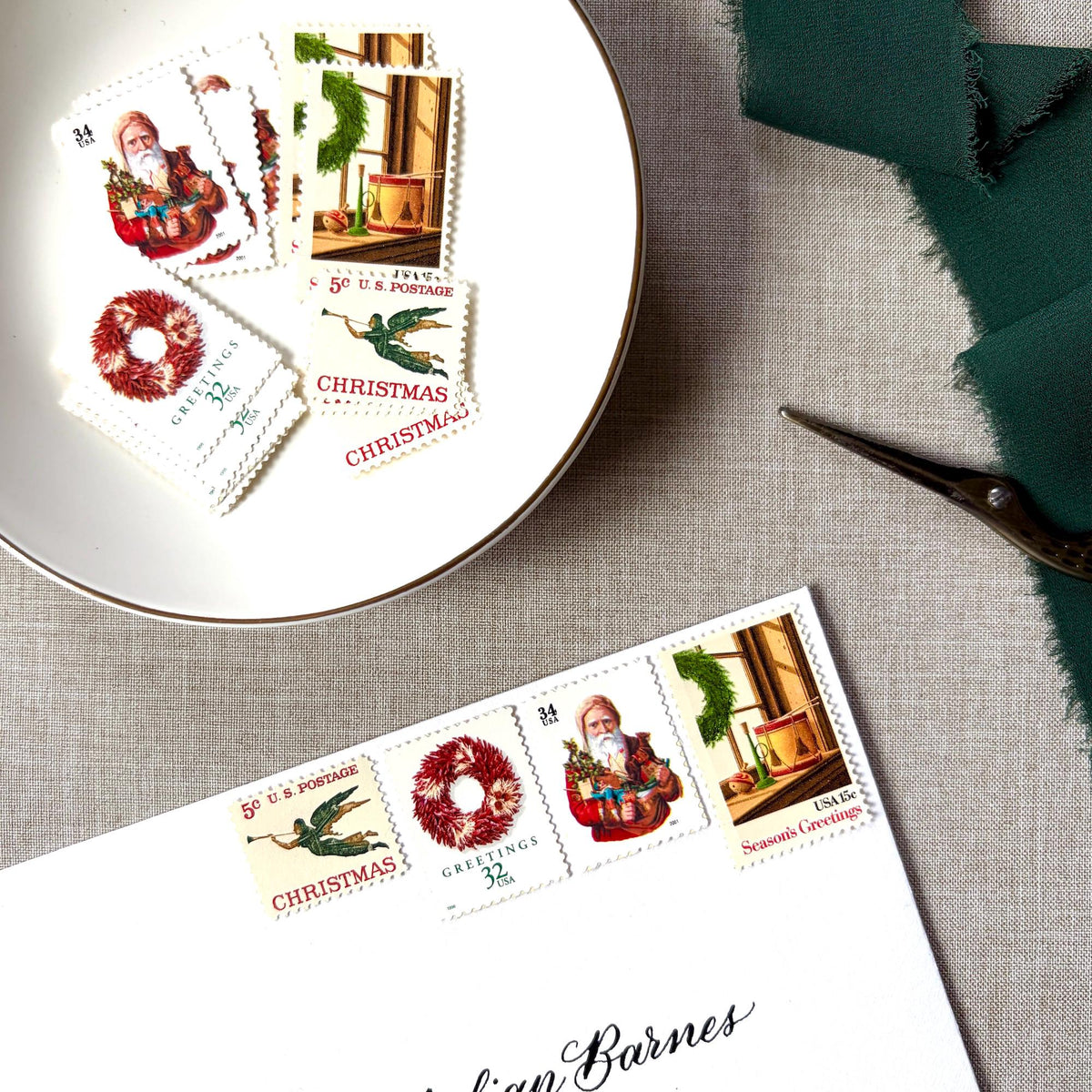 Unused Red Christmas Glow vintage postage stamp set perfect for adding a special touch to your holiday cards or letters! Each curated set is comprised of four (4) unused stamps with a total USPS postage value of $0.86 (USD) per set — enough postage to mail a standard letter weighing up to 1-ounce. 