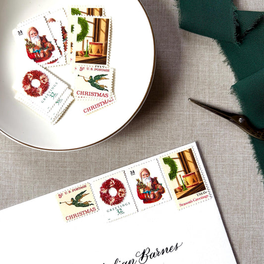 Unused Red Christmas Glow vintage postage stamp set perfect for adding a special touch to your holiday cards or letters! Each curated set is comprised of four (4) unused stamps with a total USPS postage value of $0.86 (USD) per set — enough postage to mail a standard letter weighing up to 1-ounce. 
