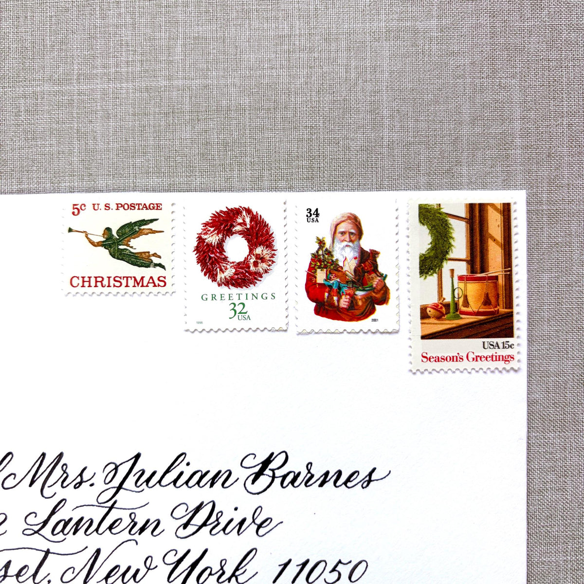 Unused Red Christmas Glow vintage postage stamp set perfect for adding a special touch to your holiday cards or letters! Each curated set is comprised of four (4) unused stamps with a total USPS postage value of $0.86 (USD) per set — enough postage to mail a standard letter weighing up to 1-ounce. 