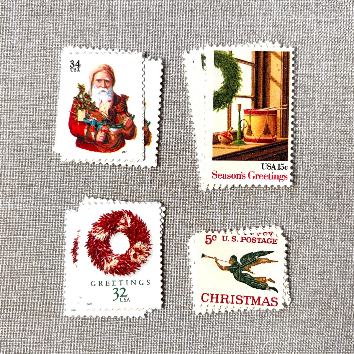 Unused Red Christmas Glow vintage postage stamp set perfect for adding a special touch to your holiday cards or letters! Each curated set is comprised of four (4) unused stamps with a total USPS postage value of $0.86 (USD) per set — enough postage to mail a standard letter weighing up to 1-ounce. 