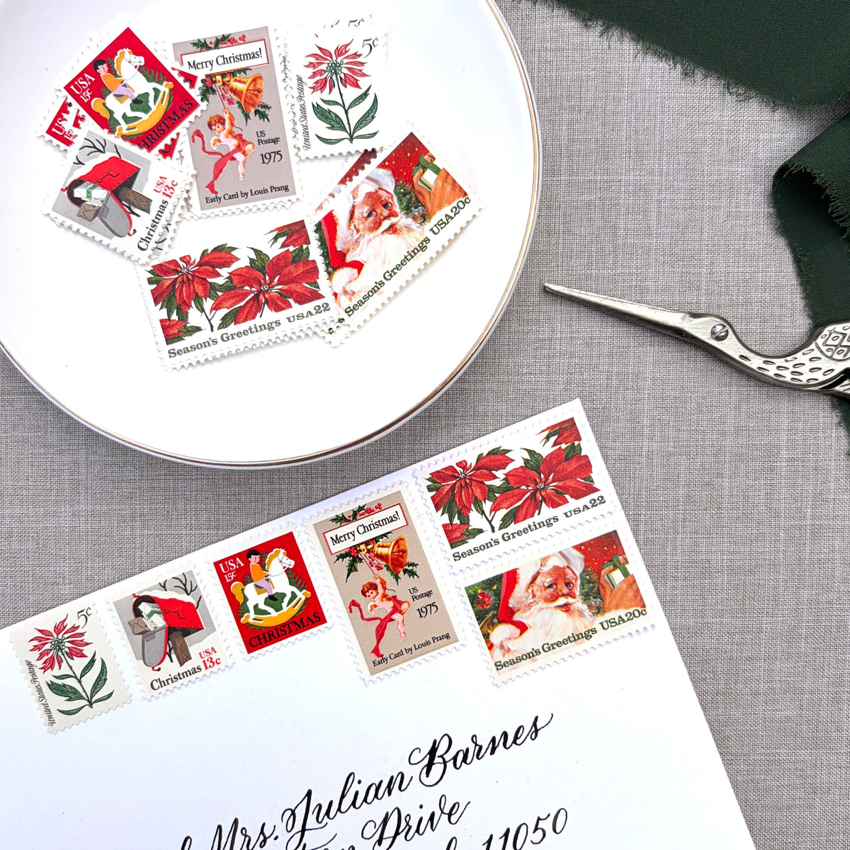 Unused vintage stamp set perfect for adding a special touch to your holiday cards or letters! Each curated set is comprised of six (6) unused stamps with a total USPS postage value of $0.85 per set — enough postage to mail a standard letter weighing up to 1-ounce. These U.S. stamps are perfectly valid for use as postage for mailing with USPS.