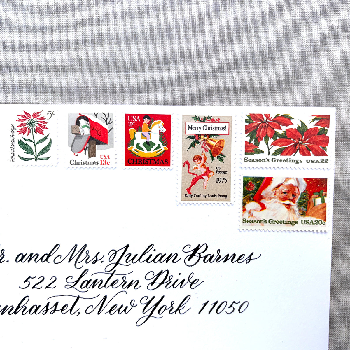 Unused vintage stamp set perfect for adding a special touch to your holiday cards or letters! Each curated set is comprised of six (6) unused stamps with a total USPS postage value of $0.85 per set — enough postage to mail a standard letter weighing up to 1-ounce. These U.S. stamps are perfectly valid for use as postage for mailing with USPS.