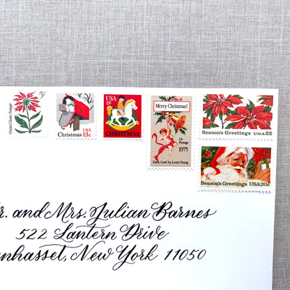 Unused vintage stamp set perfect for adding a special touch to your holiday cards or letters! Each curated set is comprised of six (6) unused stamps with a total USPS postage value of $0.85 per set — enough postage to mail a standard letter weighing up to 1-ounce. These U.S. stamps are perfectly valid for use as postage for mailing with USPS.