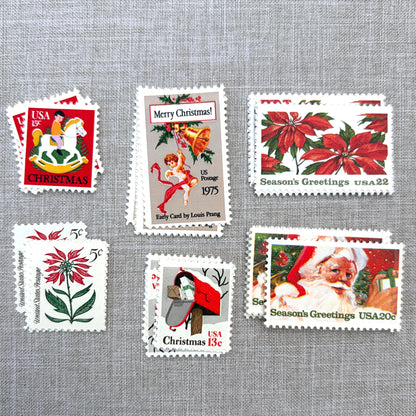 Unused vintage stamp set perfect for adding a special touch to your holiday cards or letters! Each curated set is comprised of six (6) unused stamps with a total USPS postage value of $0.85 per set — enough postage to mail a standard letter weighing up to 1-ounce. These U.S. stamps are perfectly valid for use as postage for mailing with USPS.