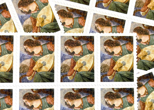 2010 Angel with Lute USPS Postage Stamp, Face Value 44 cents, Self-Adhesive Postage Stamp, Uncirculated, Unused Mail Stamp, Mint Condition Stamp, Multicolored Postage Stamp, United States Postal Service Stamps, Angel, Musical, Religious, Scott 4477