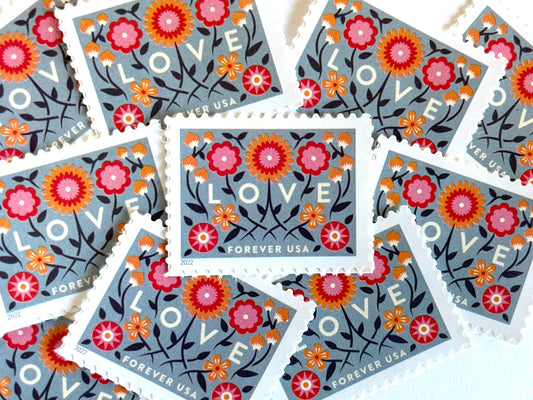 2022 LOVE Forever Blue Background USPS Postage Stamp, Uncirculated, Unused Mail Stamp, Mint Condition, Forever Stamp, Wedding Postage, Valentine's Day Postage, Valentine's Day Stamp, Floral Stamp, Floral Postage, Flowers, Blue Postage Stamp, United States Postal Service Stamps, Face Value Forever Stamp
