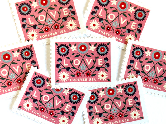 2022 LOVE Forever Pink Background USPS Postage Stamp, Uncirculated, Unused Mail Stamp, Mint Condition Stamp, Forever Stamp, Wedding Postage, Valentine's Day Postage, Valentine's Day Stamp, Floral Stamp, Floral Postage, Flowers, Pink Postage Stamp, Coral Postage Stamp, United States Postal Service Stamps, Face Value Forever Stamp, Love Series Stamp