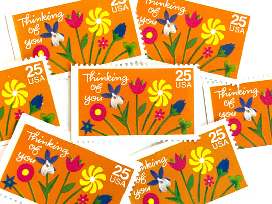 Vintage Unused Thinking of You Special Occasions Stamps (Flowers, Folk Art, Orange) USPS Postage 25c