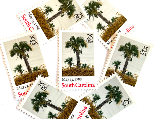 Vintage Unused South Carolina Bicentenary Statehood Stamps (Palmetto, Palm Tree, Beach) USPS Postage 25c