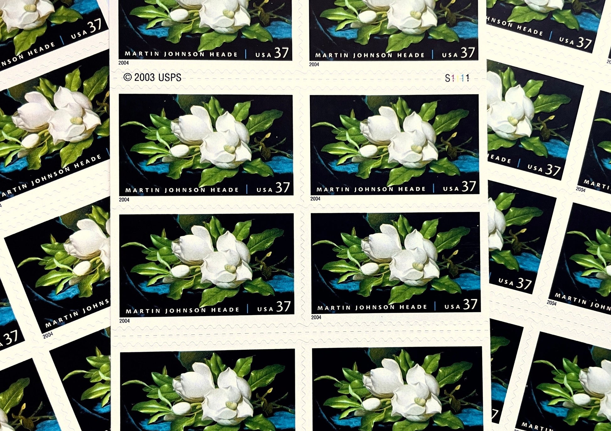 Vintage Unused White Magnolia Stamps (Martin Johnson Heade American Treasures Painting) USPS Postage 37c