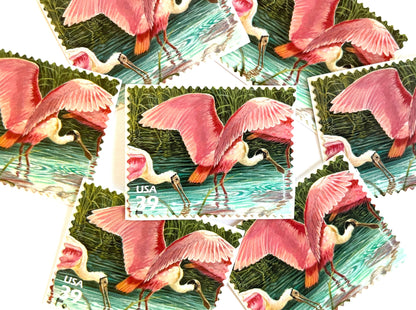 Southern Florida Wetland Roseate Spoonbills Stamps (Nature of America Series, Birds, Wetlands, Pink) Vintage Unused USPS Postage 39c