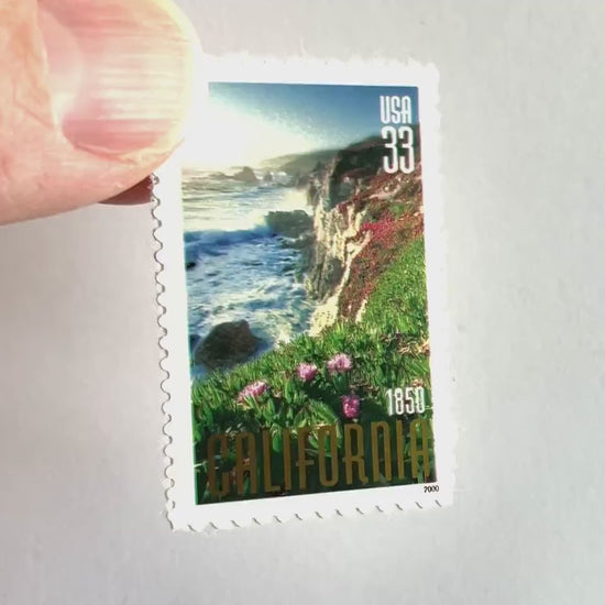 Video of 2000 California Statehood Big Sur 33 cent stamps. Scott #3438. Stamp themes: Big Sur, California, Golden State, Rugged Coast, Pacific Ocean, Cliffs, California Wedding.