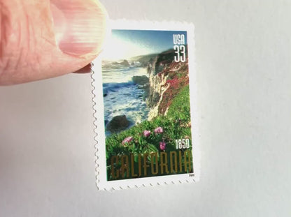 Video of 2000 California Statehood Big Sur 33 cent stamps. Scott #3438. Stamp themes: Big Sur, California, Golden State, Rugged Coast, Pacific Ocean, Cliffs, California Wedding.