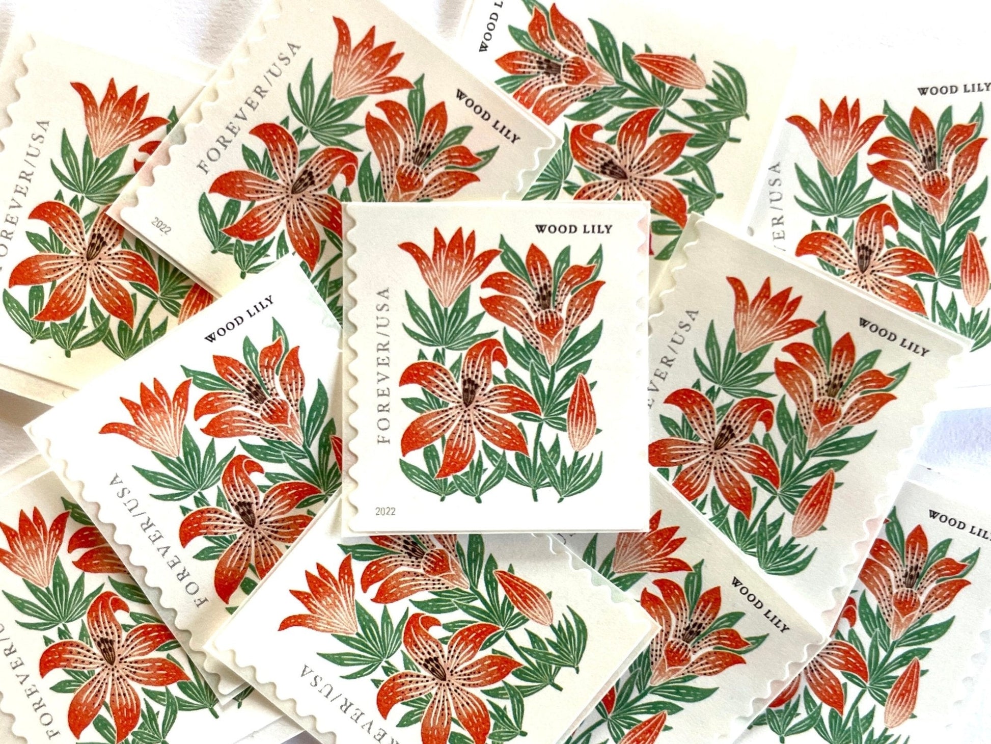 Unused Mountain Flora Wood Lily Stamps (Red, Flower, Love, Floral, Wedding) USPS Postage Forever Stamp - Heritage Post House
