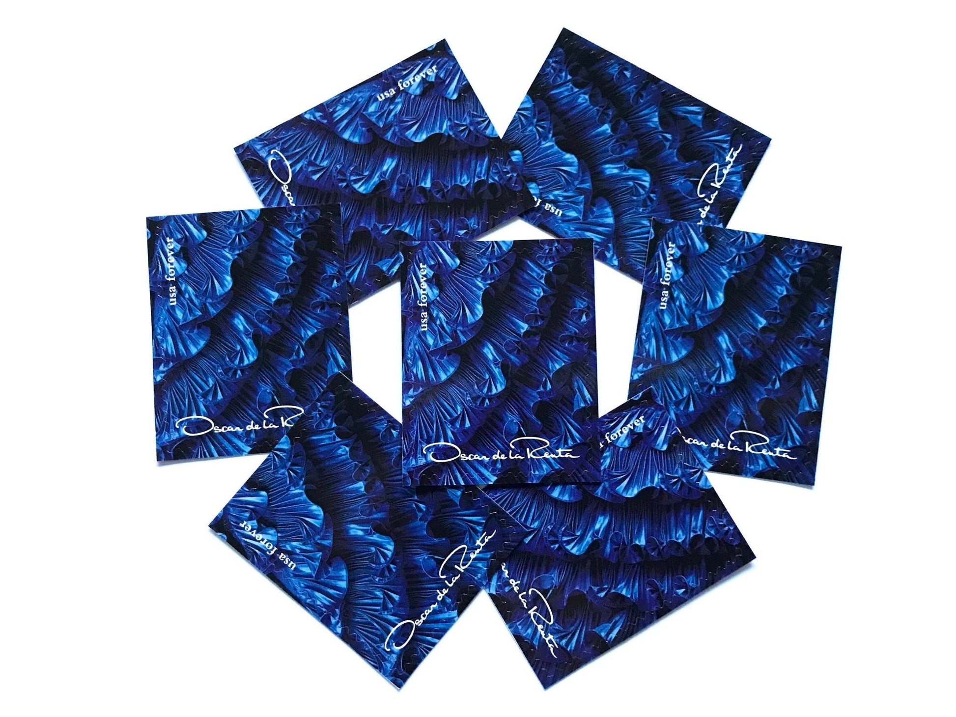 Unused Vintage Oscar de la Renta Blue Dress Ruffles Stamps (ODLR, Fashion Designer) USPS Postage Forever Stamp - Heritage Post House