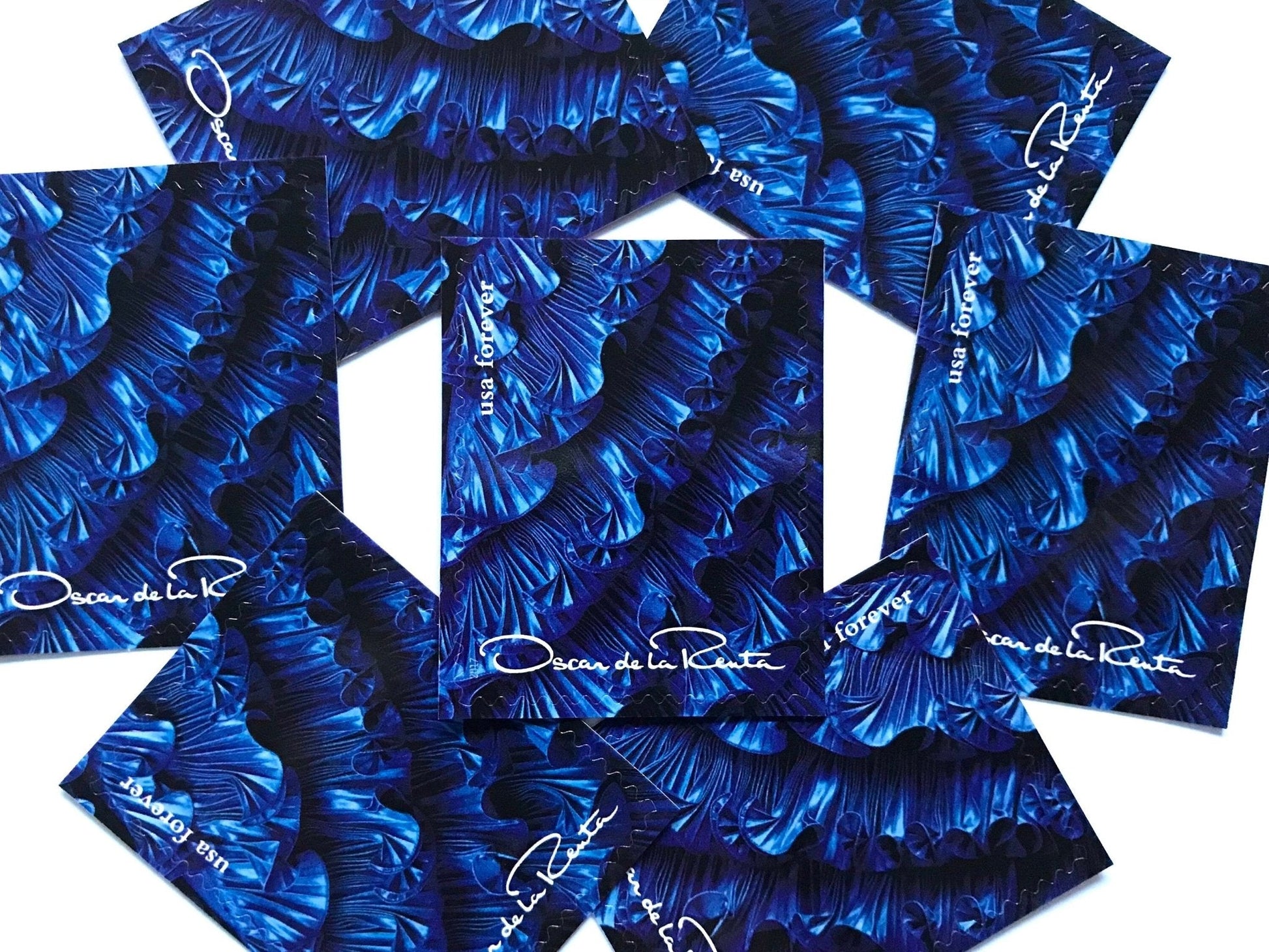 Unused Vintage Oscar de la Renta Blue Dress Ruffles Stamps (ODLR, Fashion Designer) USPS Postage Forever Stamp - Heritage Post House