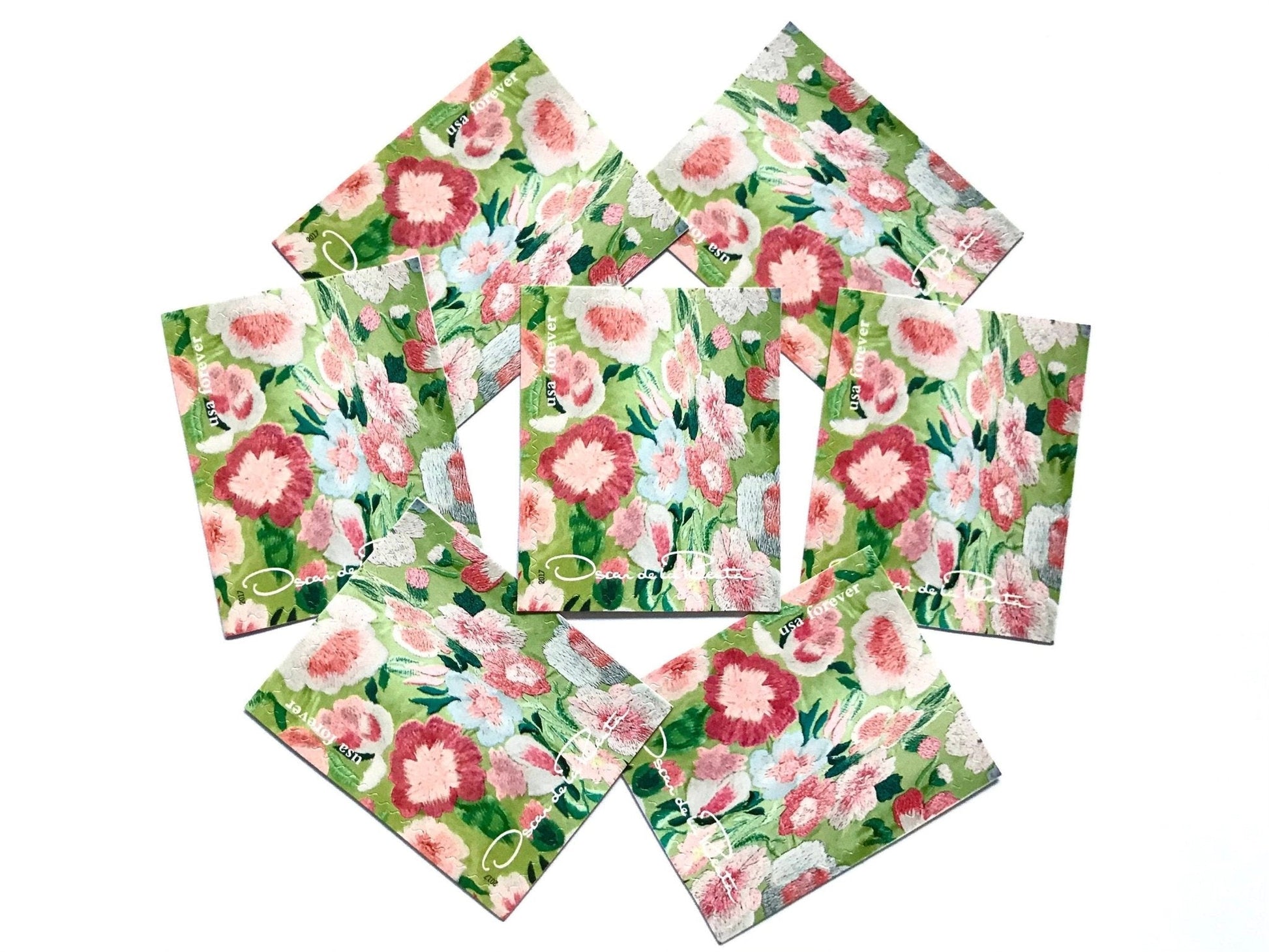 Unused Vintage Oscar de la Renta Green Floral Fabric Stamps (ODLR, Fashion Designer) USPS Postage Forever Stamp - Heritage Post House