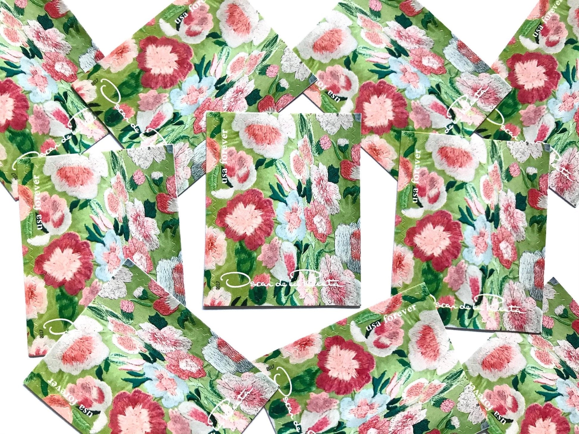 Unused Vintage Oscar de la Renta Green Floral Fabric Stamps (ODLR, Fashion Designer) USPS Postage Forever Stamp - Heritage Post House