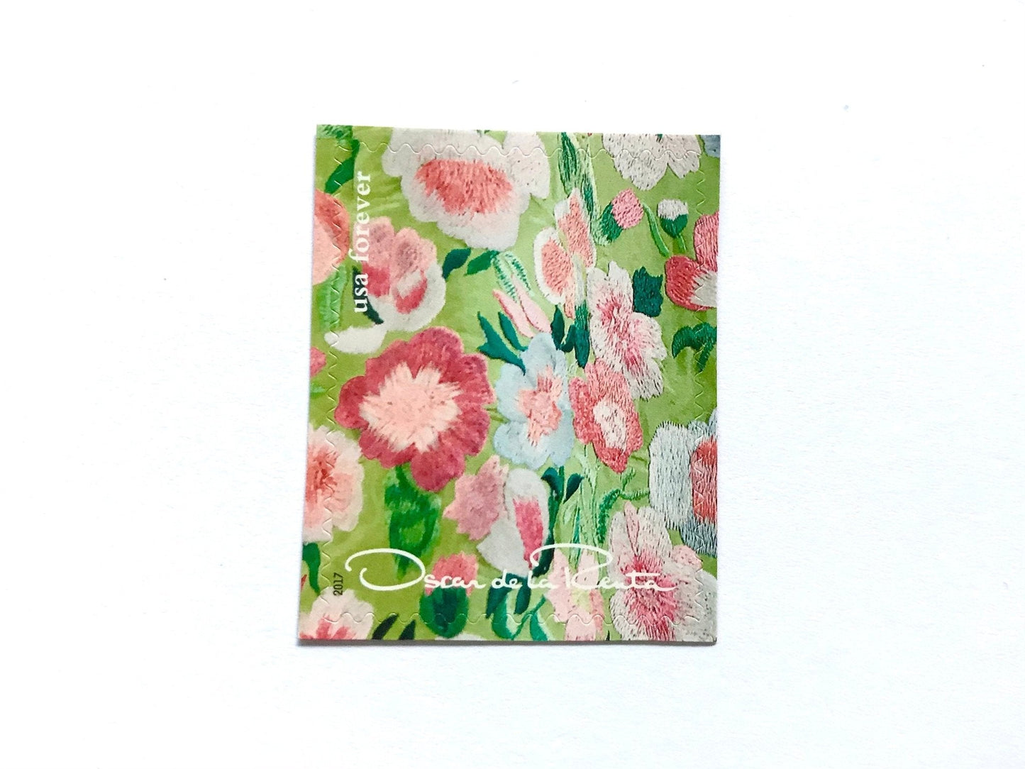 Unused Vintage Oscar de la Renta Green Floral Fabric Stamps (ODLR, Fashion Designer) USPS Postage Forever Stamp - Heritage Post House