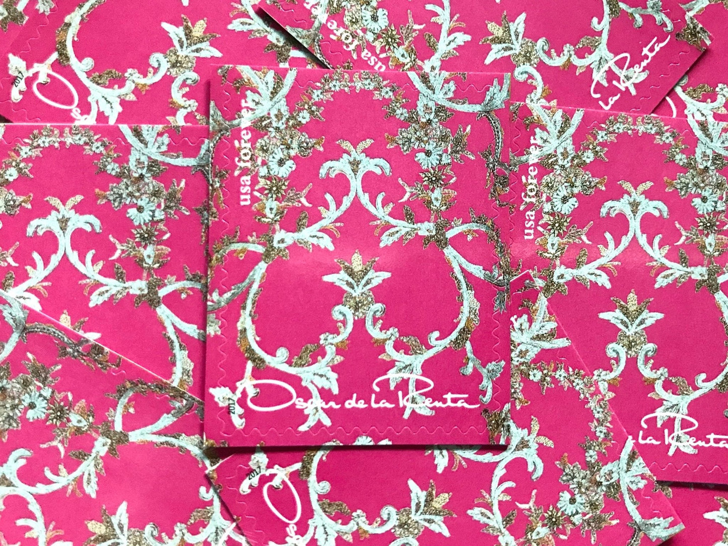 Unused Vintage Oscar de la Renta Pink Fabric Stamps (ODLR, Fashion Designer) USPS Postage Forever Stamp - Heritage Post House