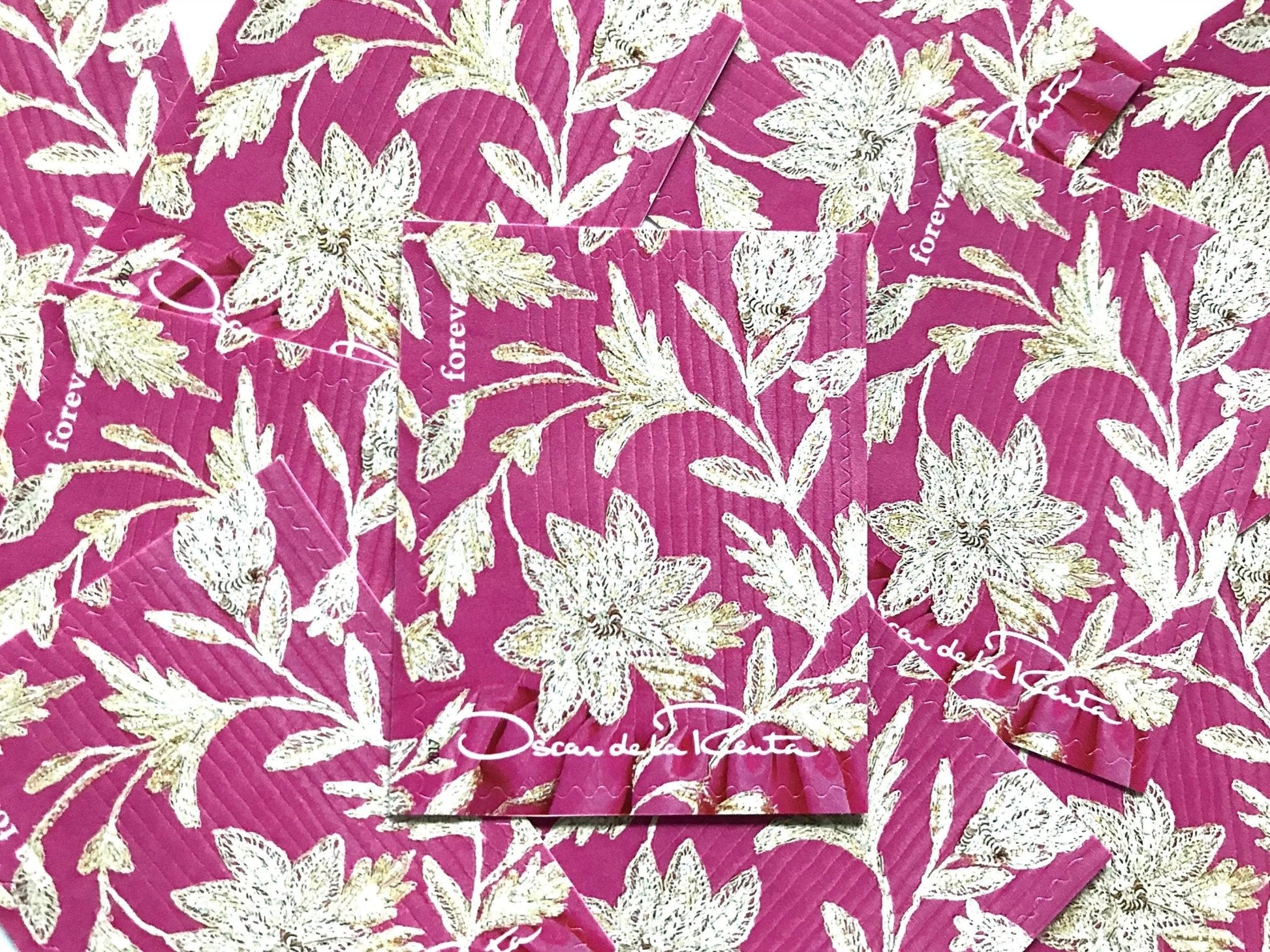 Unused Vintage Oscar de la Renta Pink with Gold Floral Fabric Stamps (ODLR, Fashion Designer) USPS Postage Forever Stamp - Heritage Post House