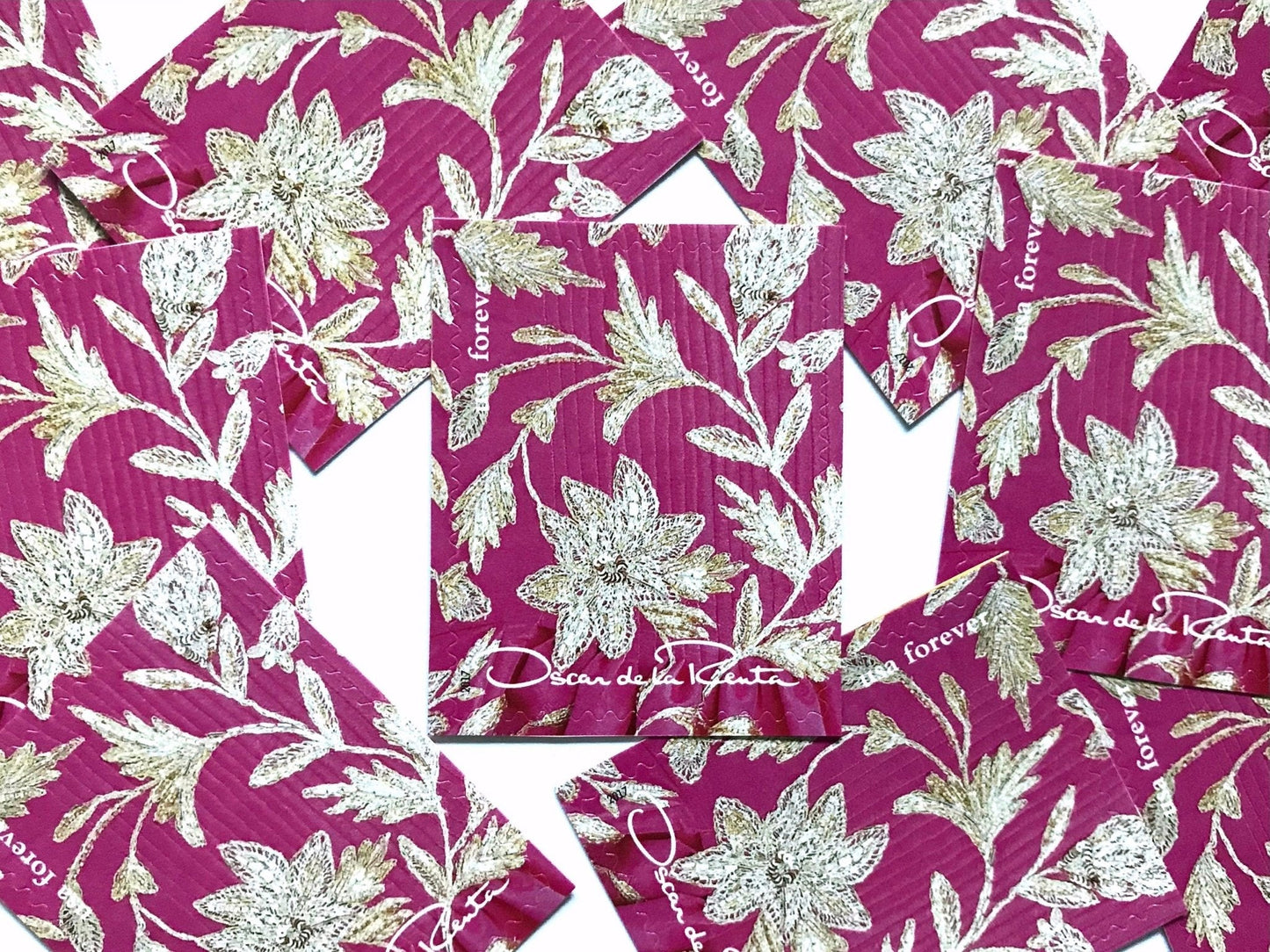 Unused Vintage Oscar de la Renta Pink with Gold Floral Fabric Stamps (ODLR, Fashion Designer) USPS Postage Forever Stamp - Heritage Post House