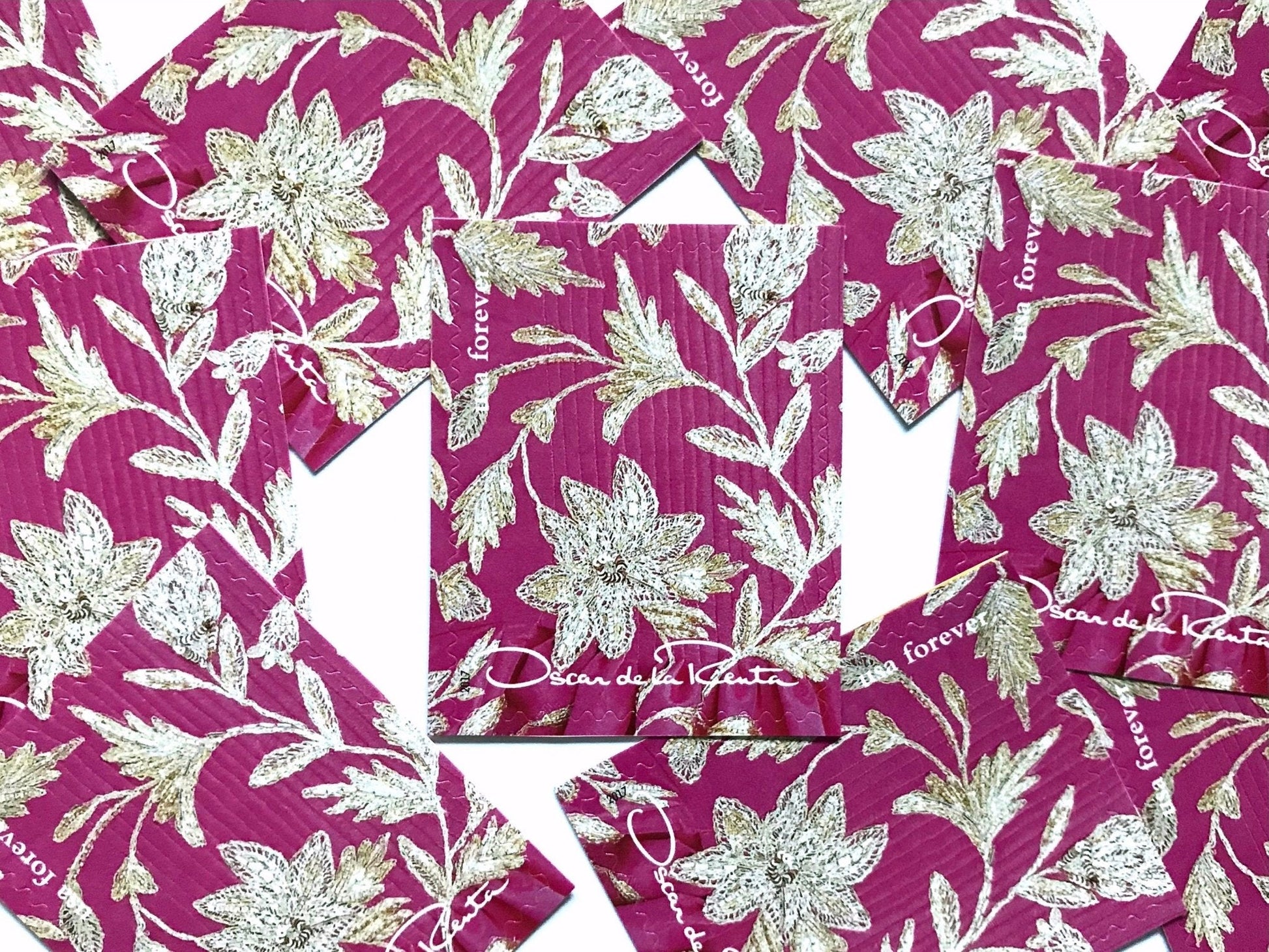 Unused Vintage Oscar de la Renta Pink with Gold Floral Fabric Stamps (ODLR, Fashion Designer) USPS Postage Forever Stamp - Heritage Post House