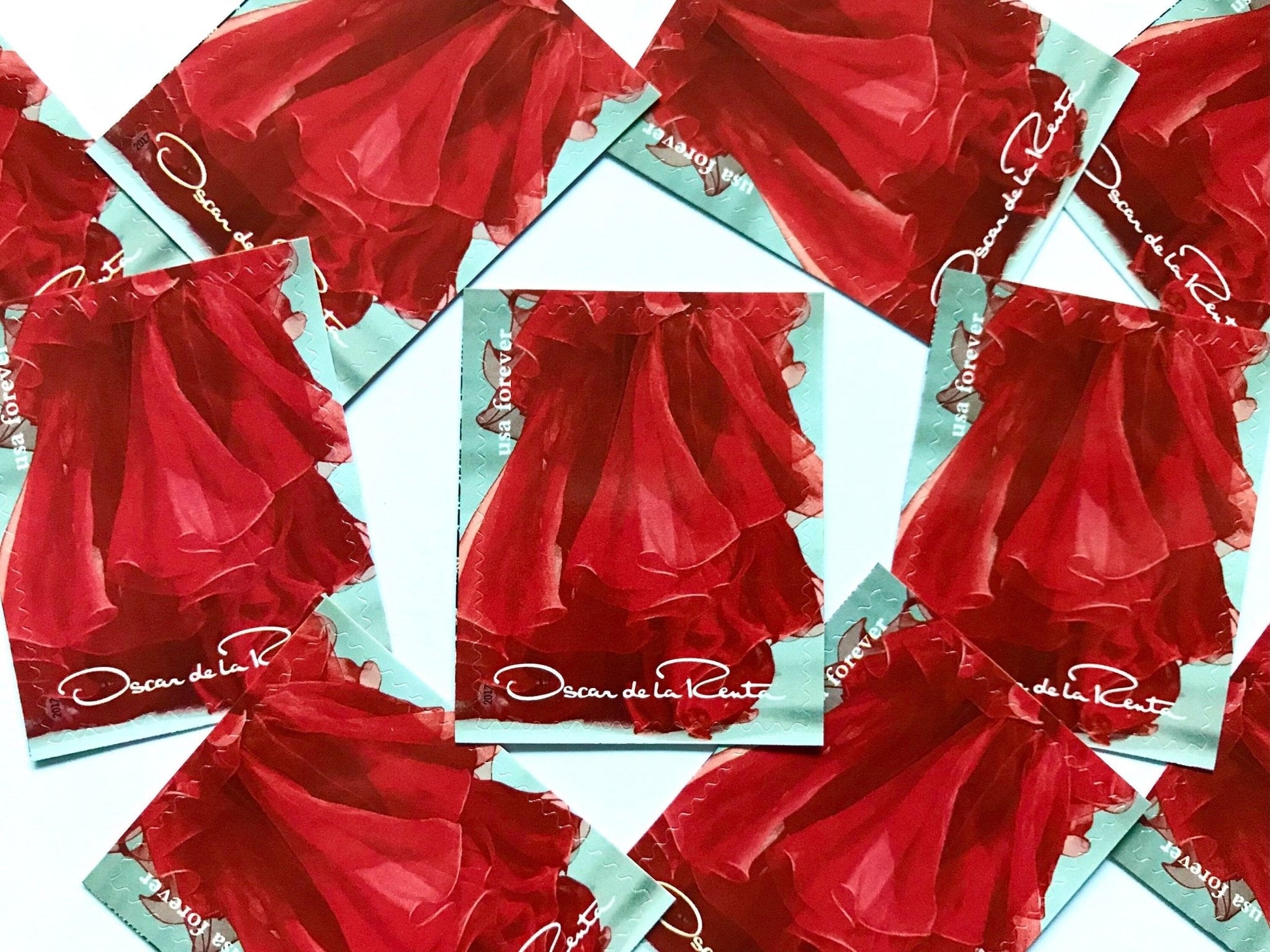 Unused Vintage Oscar de la Renta Red Dress Stamps (ODLR, Fashion Designer) USPS Postage Forever Stamp - Heritage Post House
