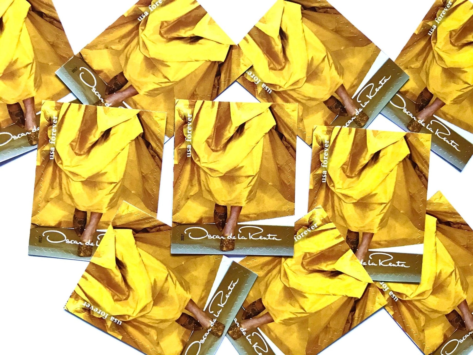Unused Vintage Oscar de la Renta Yellow Dress Stamps (ODLR, Fashion Designer) USPS Postage Forever Stamp - Heritage Post House