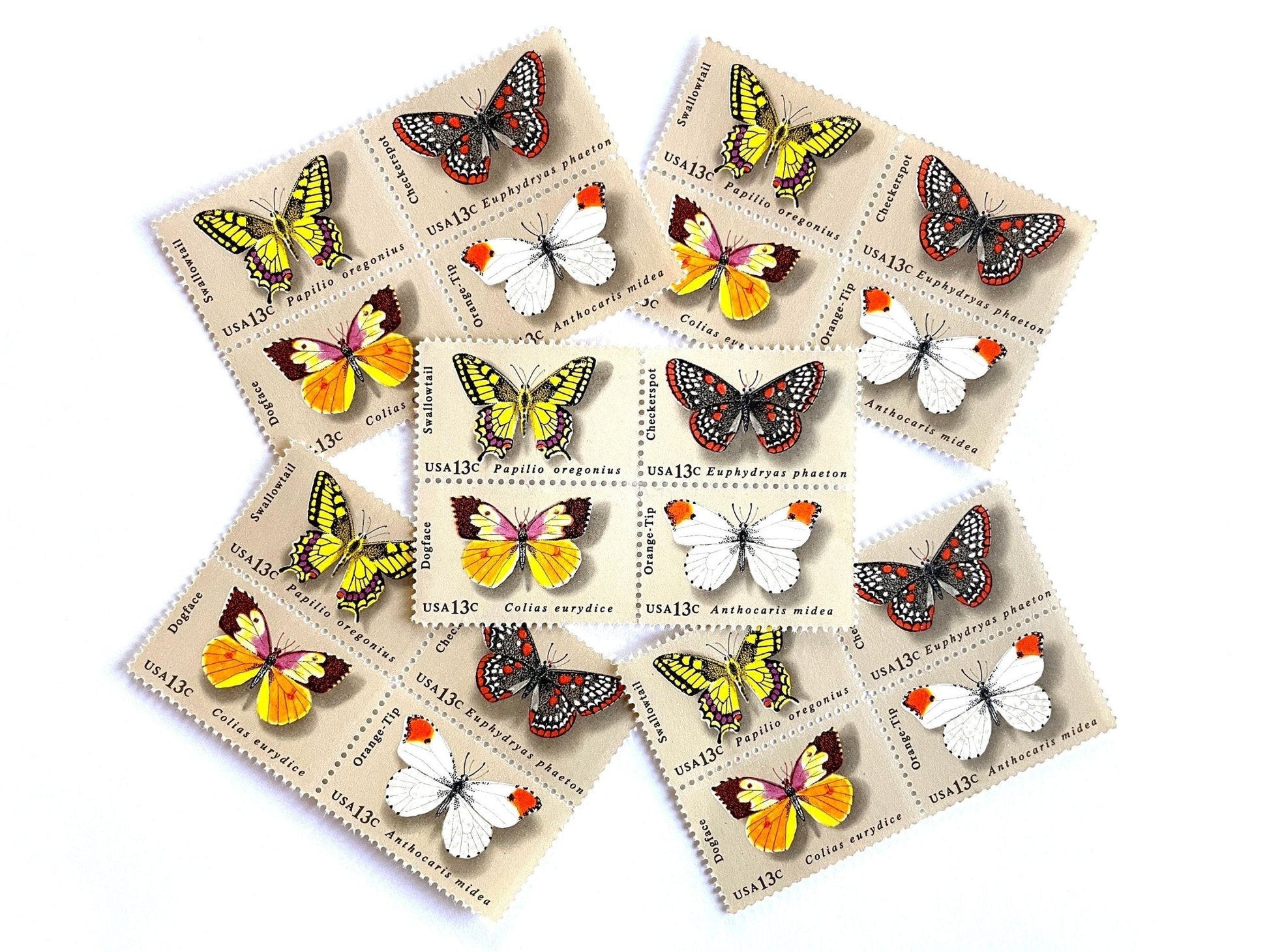 Vintage Set of 4 Unused Butterflies Stamps (Swallowtail, Checkerspot, Dogface, Orange - Tip, Butterfly, Se - tenant) USPS Postage 13c ea/52c per set - Heritage Post House