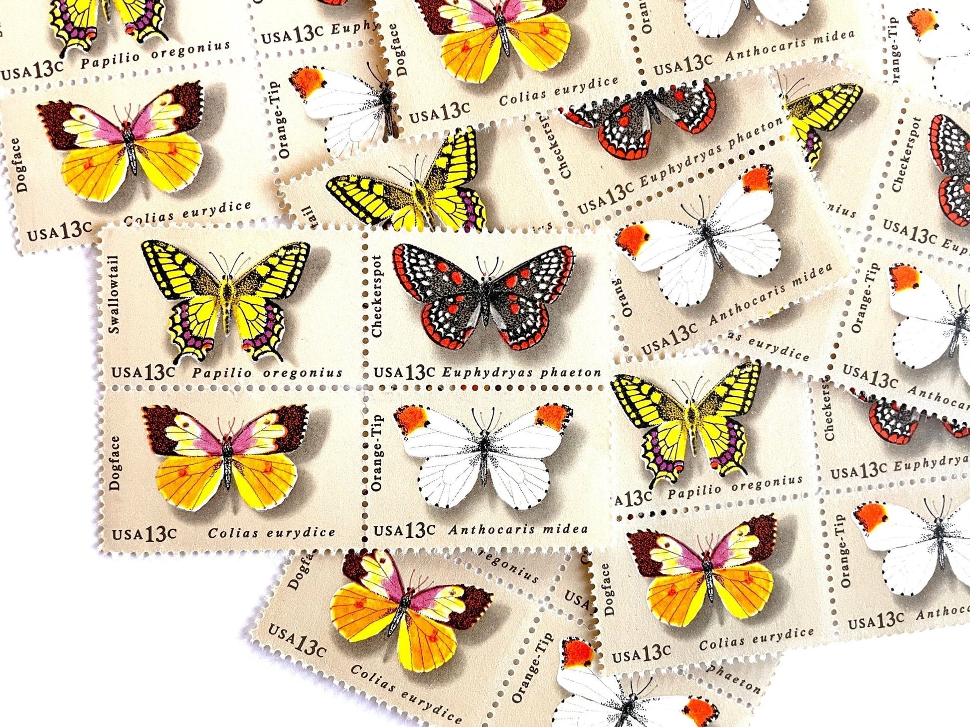 Vintage Set of 4 Unused Butterflies Stamps (Swallowtail, Checkerspot, Dogface, Orange - Tip, Butterfly, Se - tenant) USPS Postage 13c ea/52c per set - Heritage Post House
