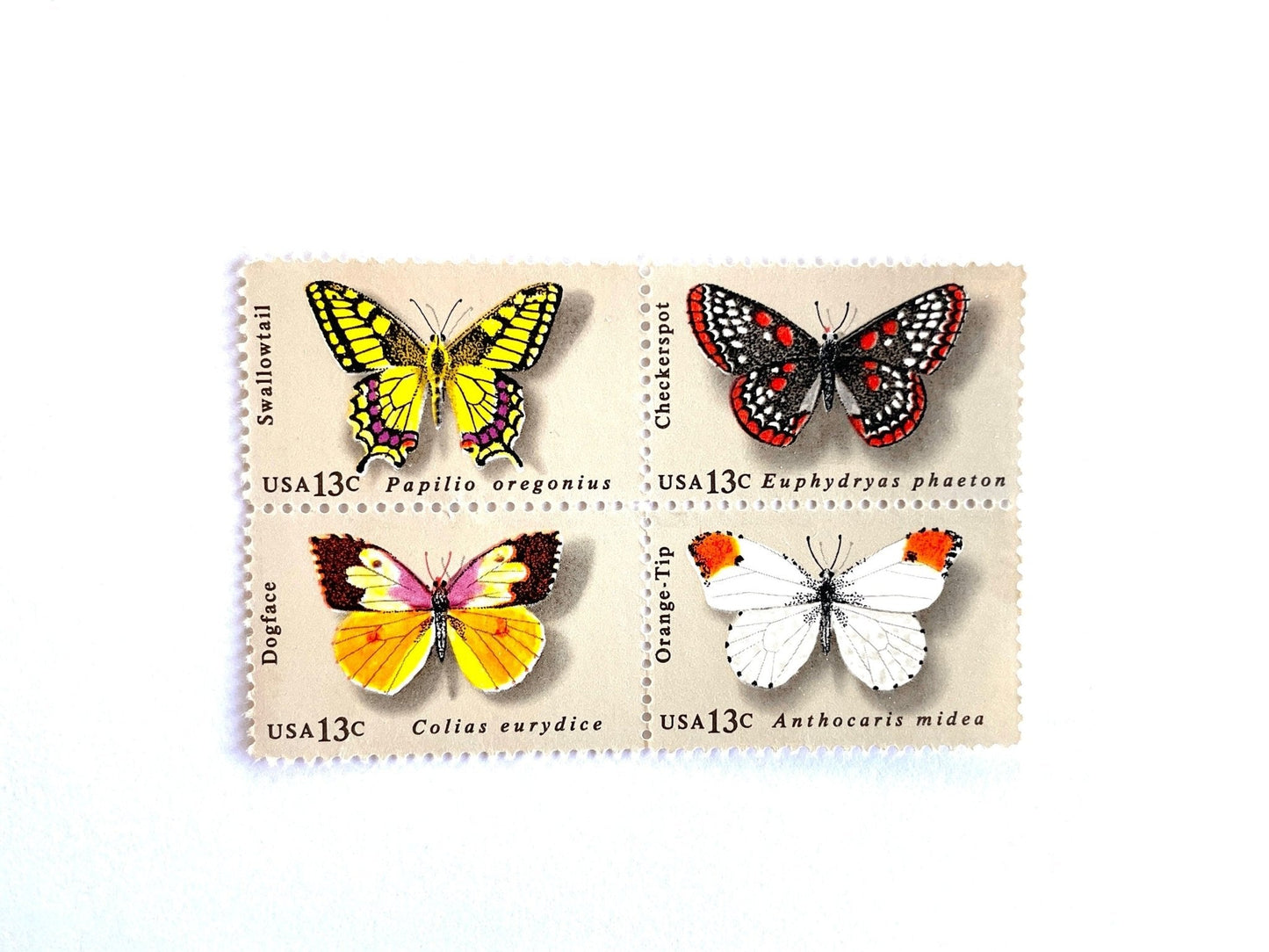 Vintage Set of 4 Unused Butterflies Stamps (Swallowtail, Checkerspot, Dogface, Orange - Tip, Butterfly, Se - tenant) USPS Postage 13c ea/52c per set - Heritage Post House
