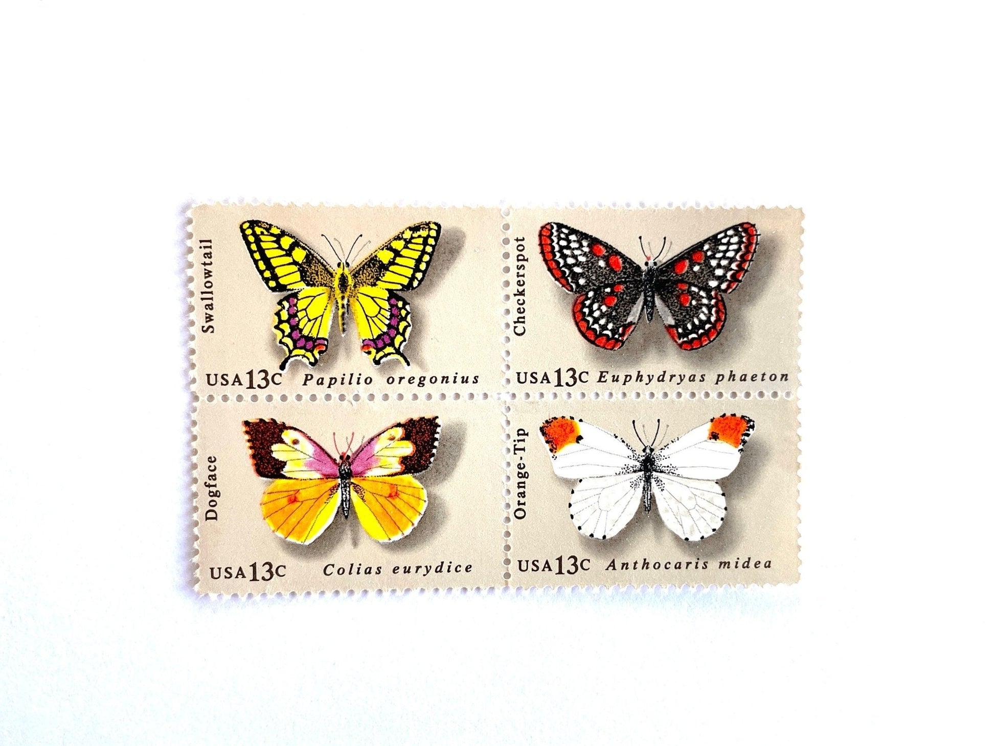 Vintage Set of 4 Unused Butterflies Stamps (Swallowtail, Checkerspot, Dogface, Orange - Tip, Butterfly, Se - tenant) USPS Postage 13c ea/52c per set - Heritage Post House