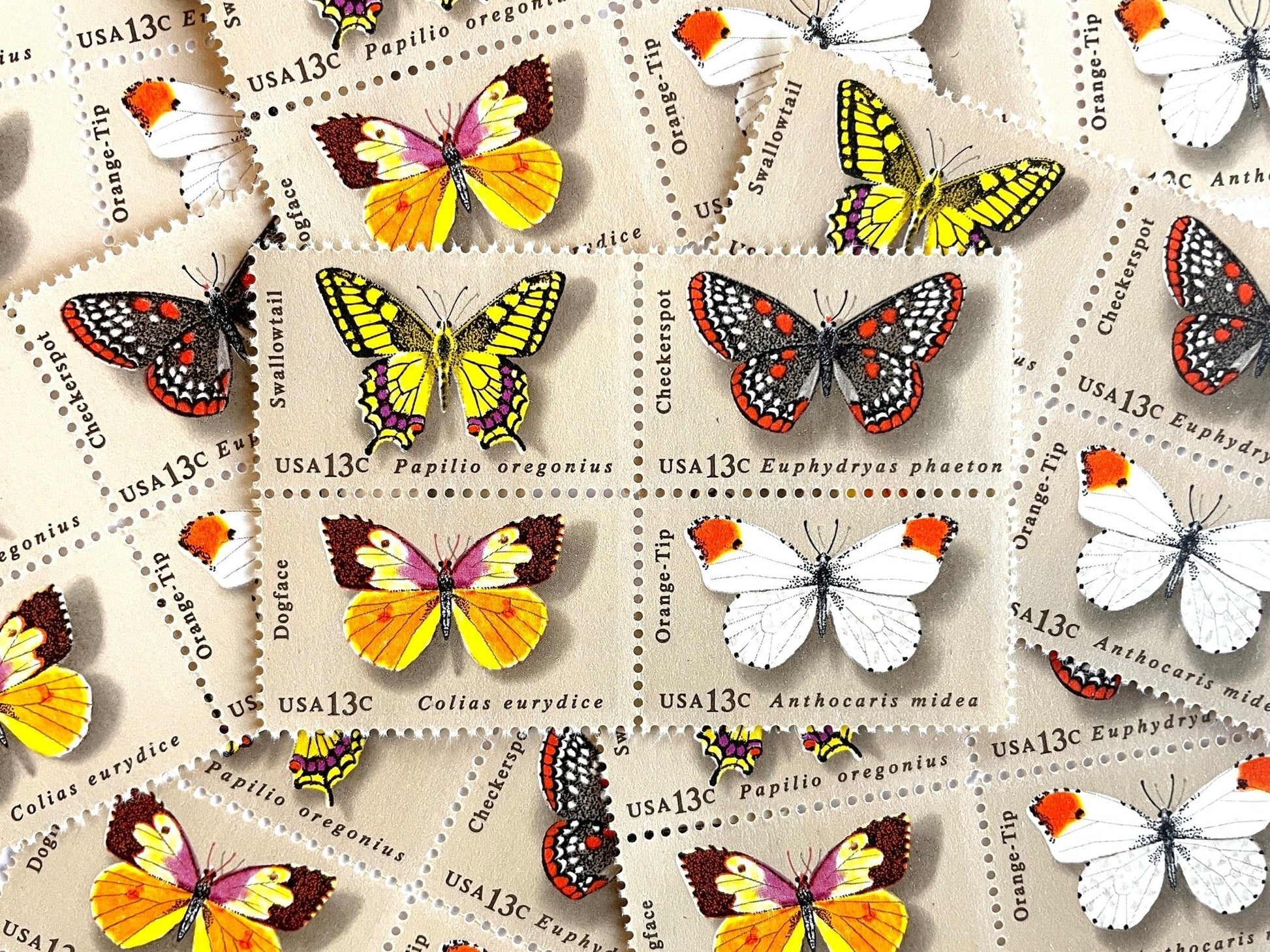 Vintage Set of 4 Unused Butterflies Stamps (Swallowtail, Checkerspot, Dogface, Orange - Tip, Butterfly, Se - tenant) USPS Postage 13c ea/52c per set - Heritage Post House